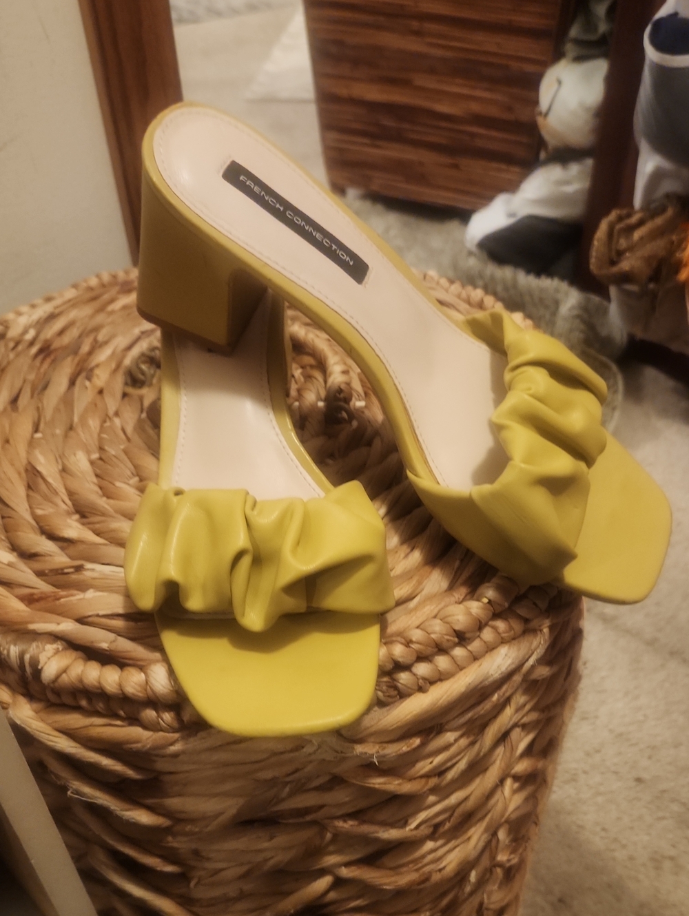 French Connection Yellow Ruffle Block Heel Mules